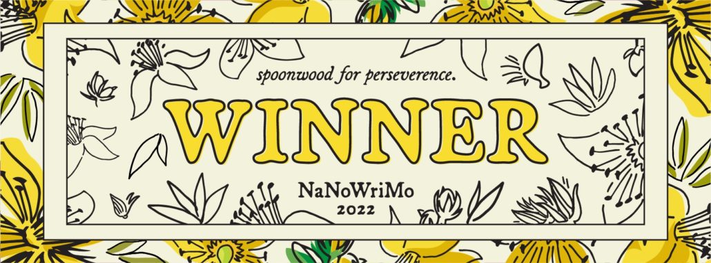 Winner-Badge des NaNoWriMo 2022: Schriftzug "Winner" auf floralem Hintergrund.