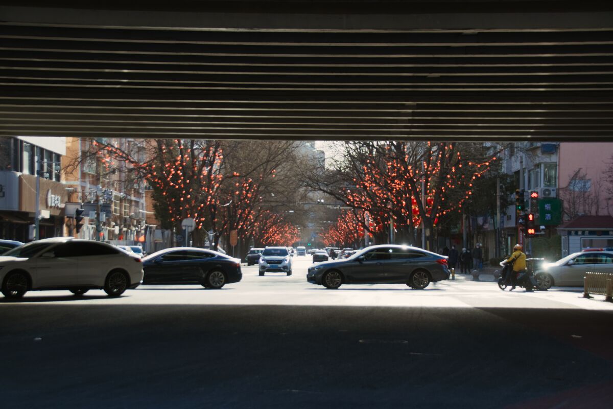 Blick unter einer Brücke hindurch in eine Allee, deren Bäume mit viel roter Deko geschmückt sind, Autos queren, der Blick ist oben und unten durch die Brücke und deren Schatten eingerahmt.